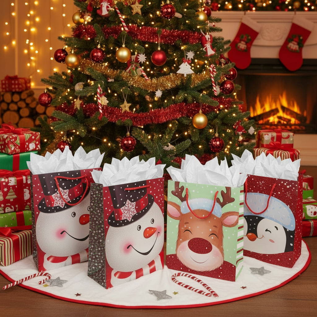 Glitter Christmas Gift Bag Set - (4 Bags and Tissue)