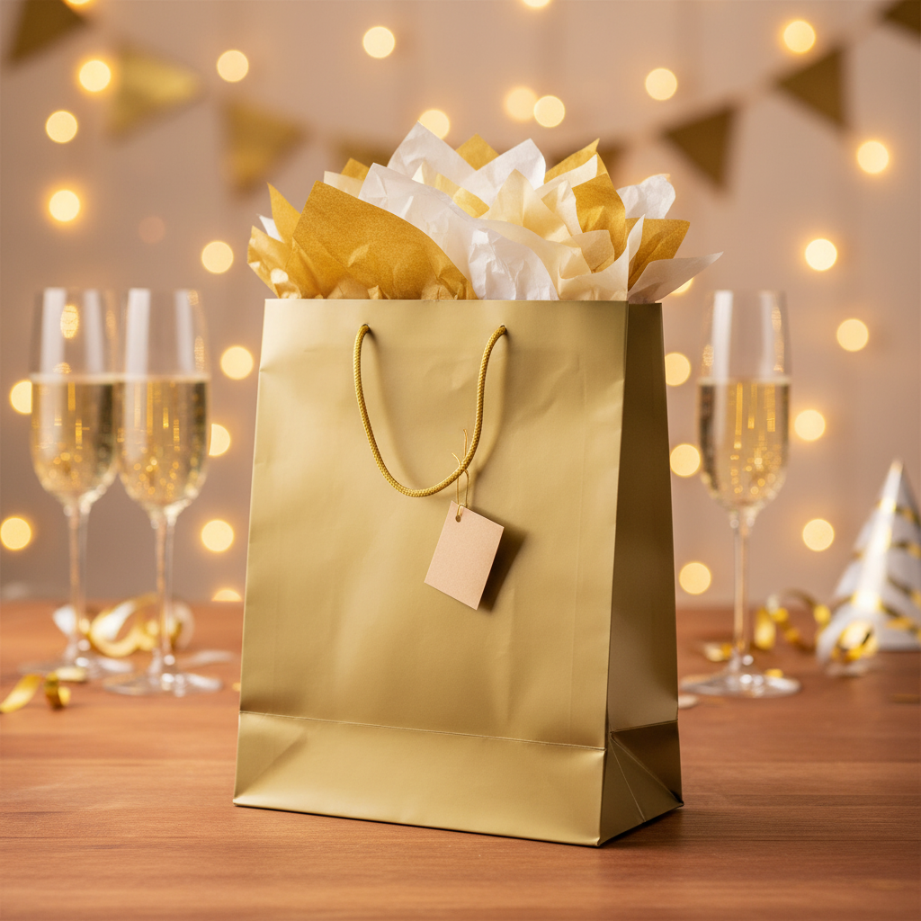 Gold gift bag with a gold handle and a white tag on a white background