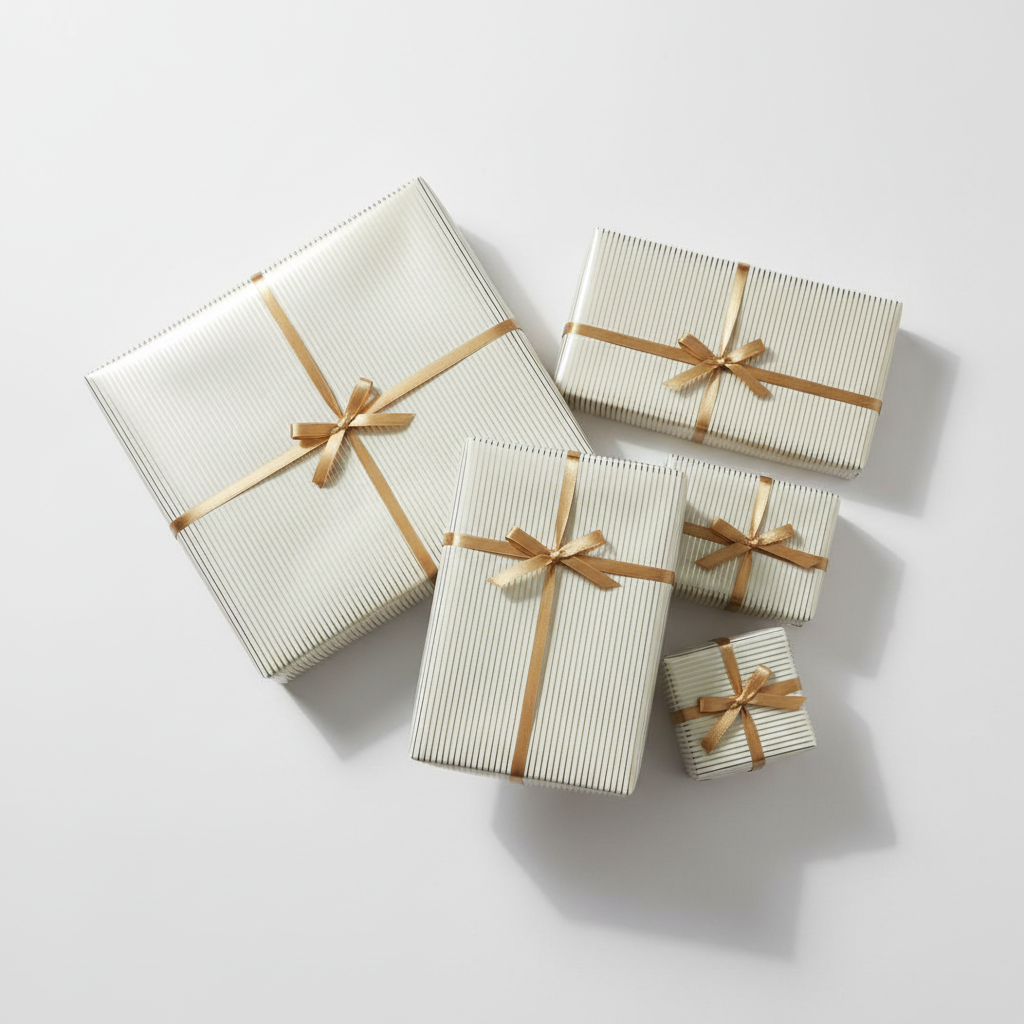 Four wrapped gift boxes in different sizes, all wrapped in white with gold pin stripe wrapping paper with a gold ribbon and bow, arranged on a light gray background.