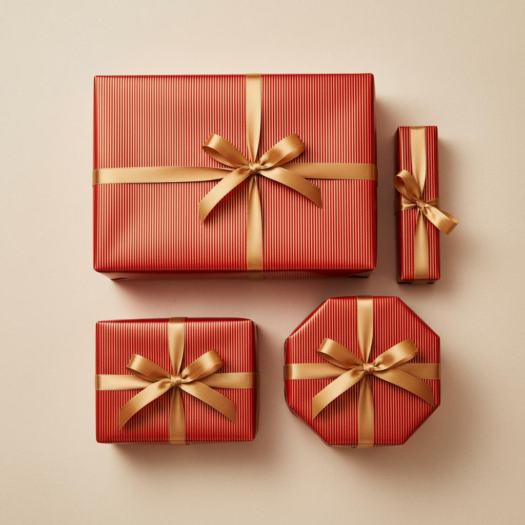 Four red gift boxes wrapped in textured paper and tied with gold ribbons, arranged on a light beige background.