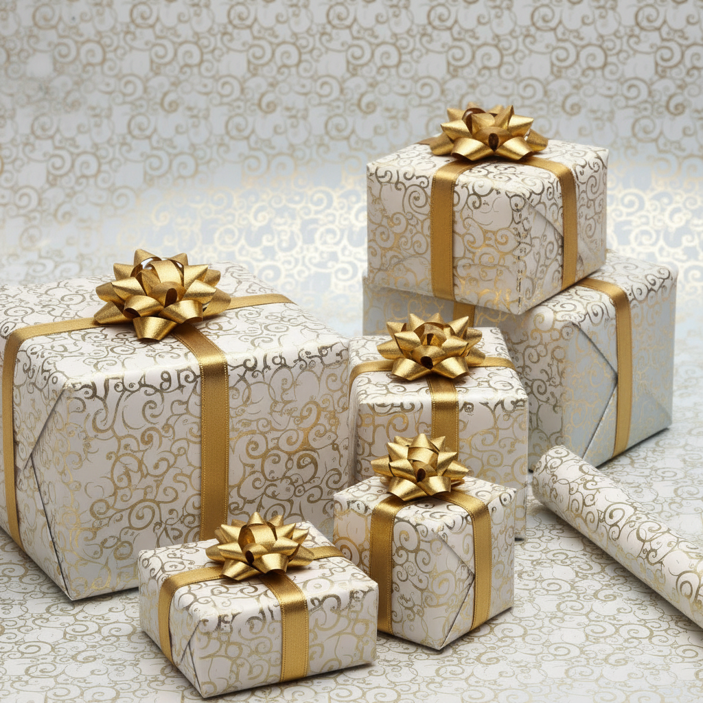 Decorative gift boxes with gold ribbons on a patterned background