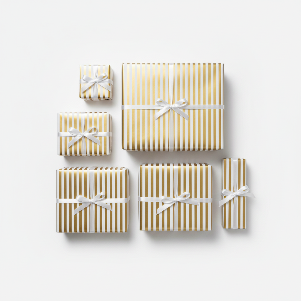 Six wrapped gift boxes in different sizes, all featuring a metallic gold and white vertical stripe pattern and tied with white satin ribbons, arranged on a clean white background.