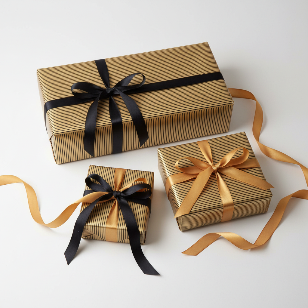 Three wrapped gift boxes in different sizes on a clean white background. The largest box is wrapped in gold striped paper with a black ribbon and bow, the middle box is wrapped in gold striped paper with a black ribbon, and the smallest box is wrapped in gold striped paper with a gold ribbon and bow.