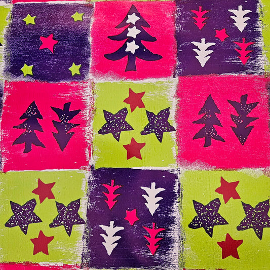 Christmas Wrapping Paper Green, Pink and Purple Squares with Trees (10 Meter Roll)