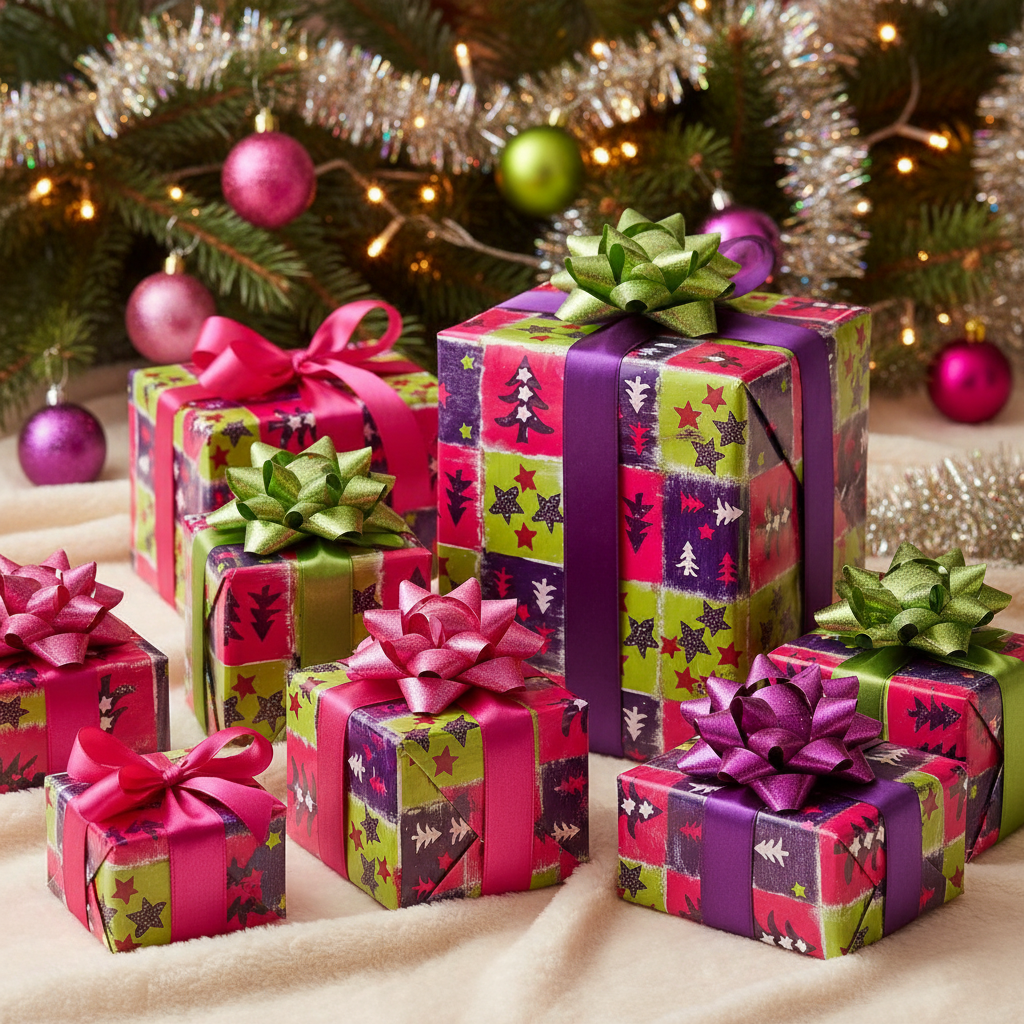 A colourful Christmas wrapping paper with green, pink, and purple squares featuring Christmas trees and stars.