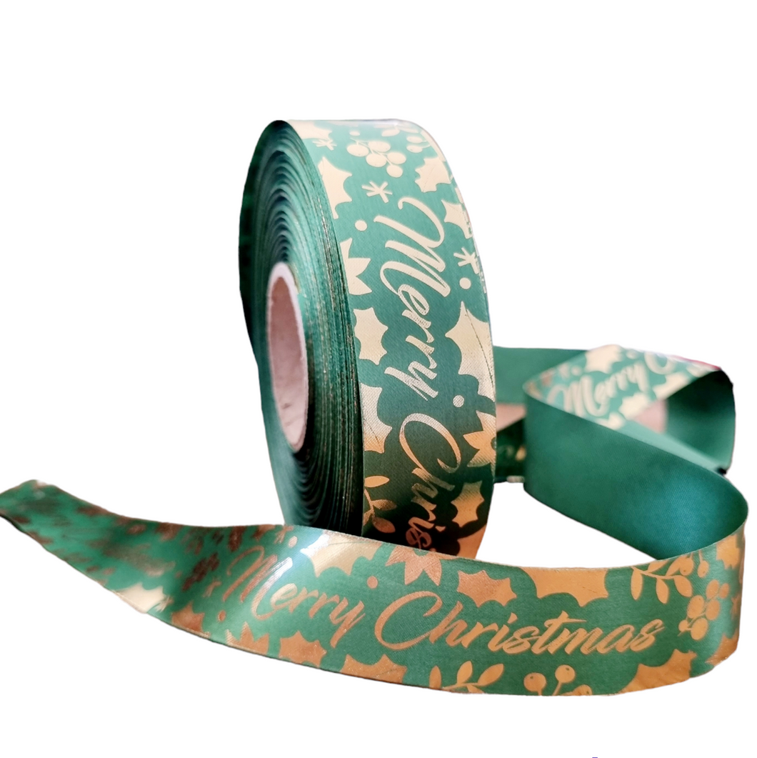 Christmas Printed Satin Ribbon Gold Merry Christmas with Holly (10 & 50 Meter Roll)