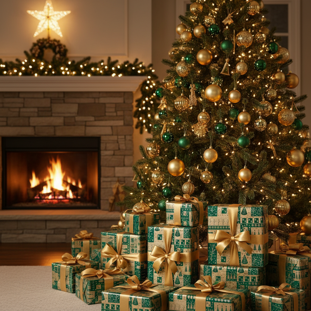 A decorated Christmas tree with gold and green ornaments stands beside a lit fireplace, with wrapped presents in green and gold paper piled at its base in a warm holiday living room.