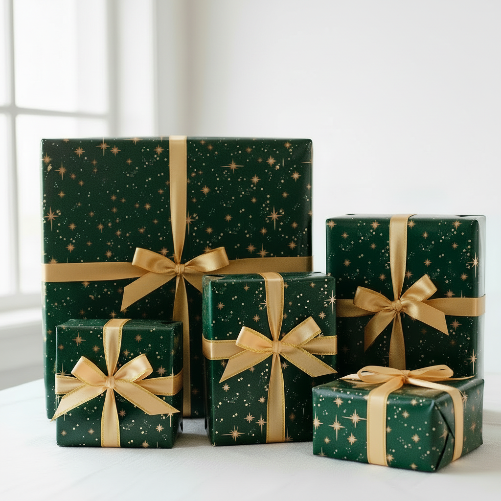 Five wrapped gift boxes in different sizes, all covered in dark green wrapping paper with a gold star pattern and tied with white ribbons, arranged on a light surface.