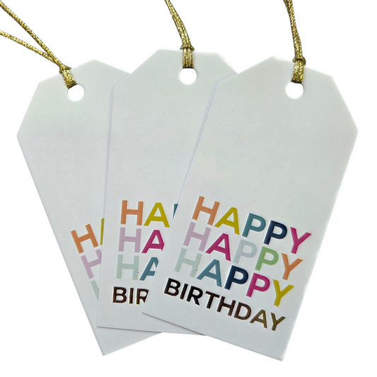 Three white gift tags with colorful 'Happy Birthday' text on a white background.