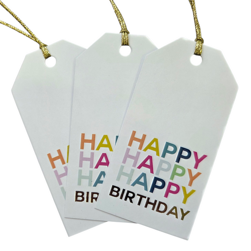 Three white gift tags with colorful 'Happy Birthday' text on a white background.