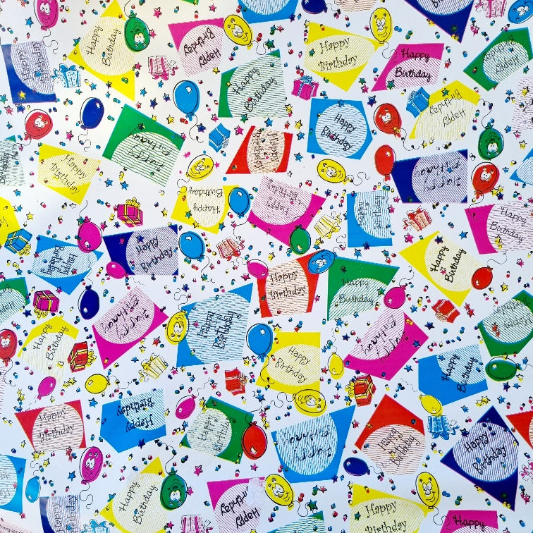 A colourful birthday-themed wrapping paper with various balloon designs and 'Happy Birthday' text in different colours.