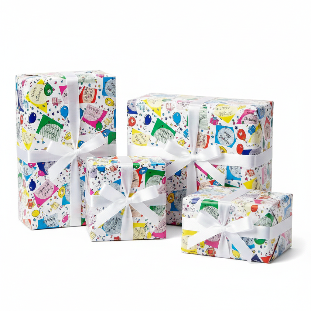 Five wrapped gift boxes in different sizes, all covered in a colorful birthday-themed wrapping paper with illustrations of balloons, candles, and party hats, tied with white ribbons, on a white background.
