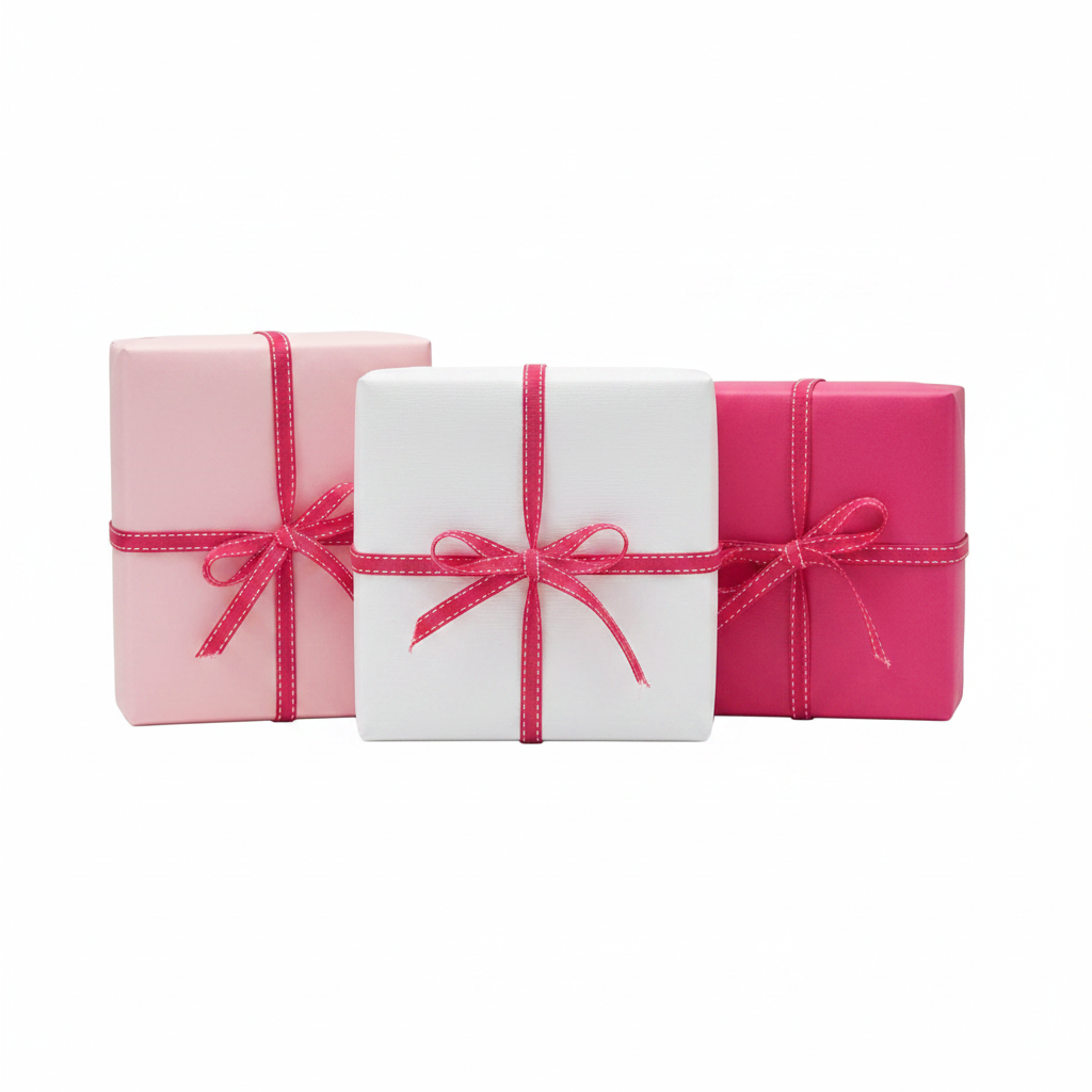 Three wrapped gift boxes on a white background: one light pink, one white, and one bright pink, each tied with a matching pink ribbon and bow.