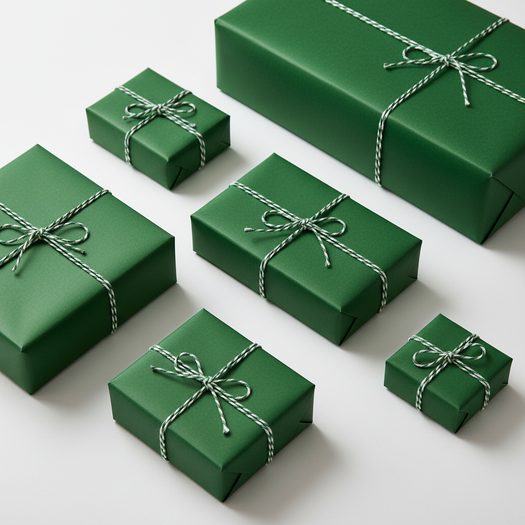 Six green gift boxes wrapped in matching green paper and tied with white-and-green bakers twine, arranged on a clean white background.