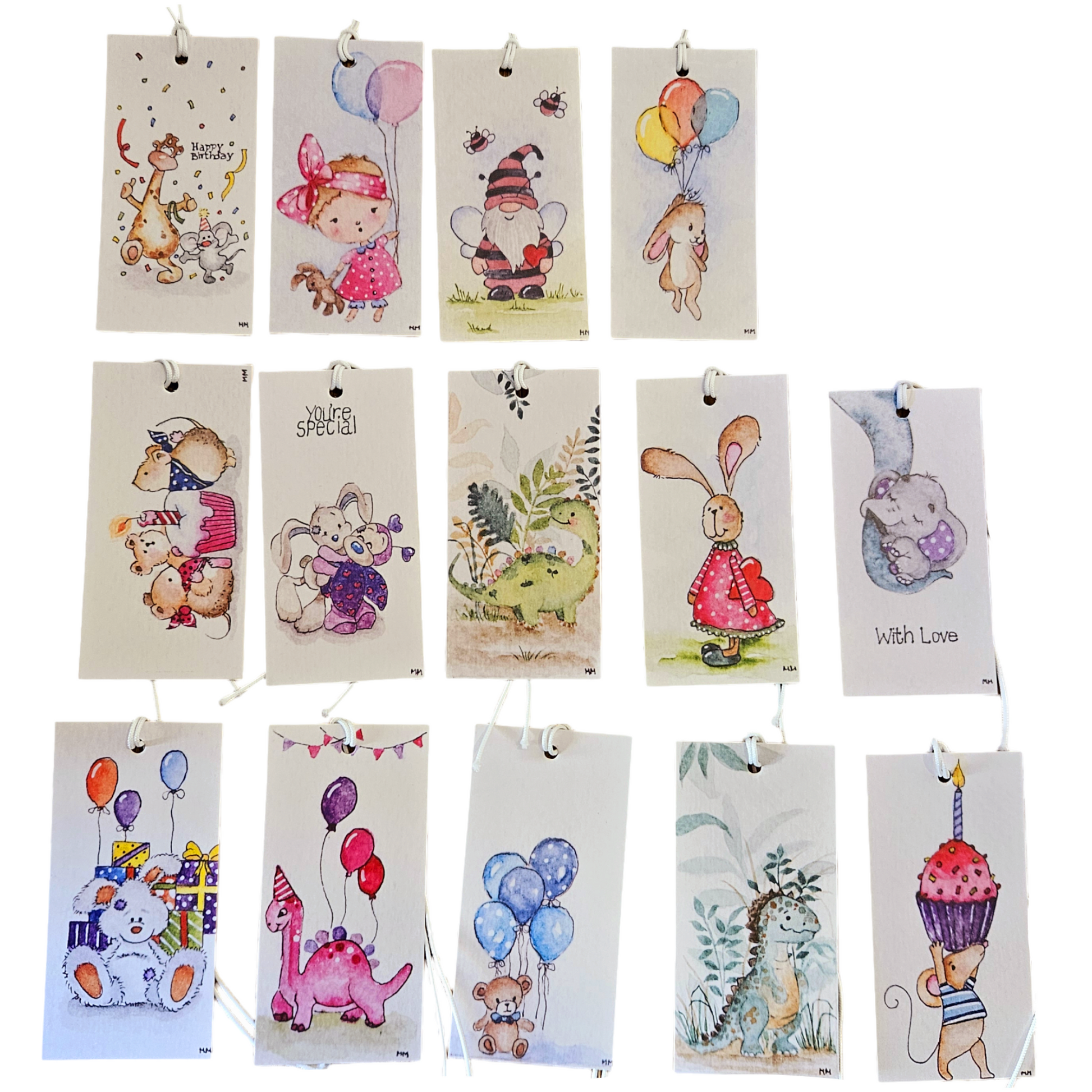 A collection of 14 children themed gift tags with various illustrations including animals, balloons, and characters, with strings attached.