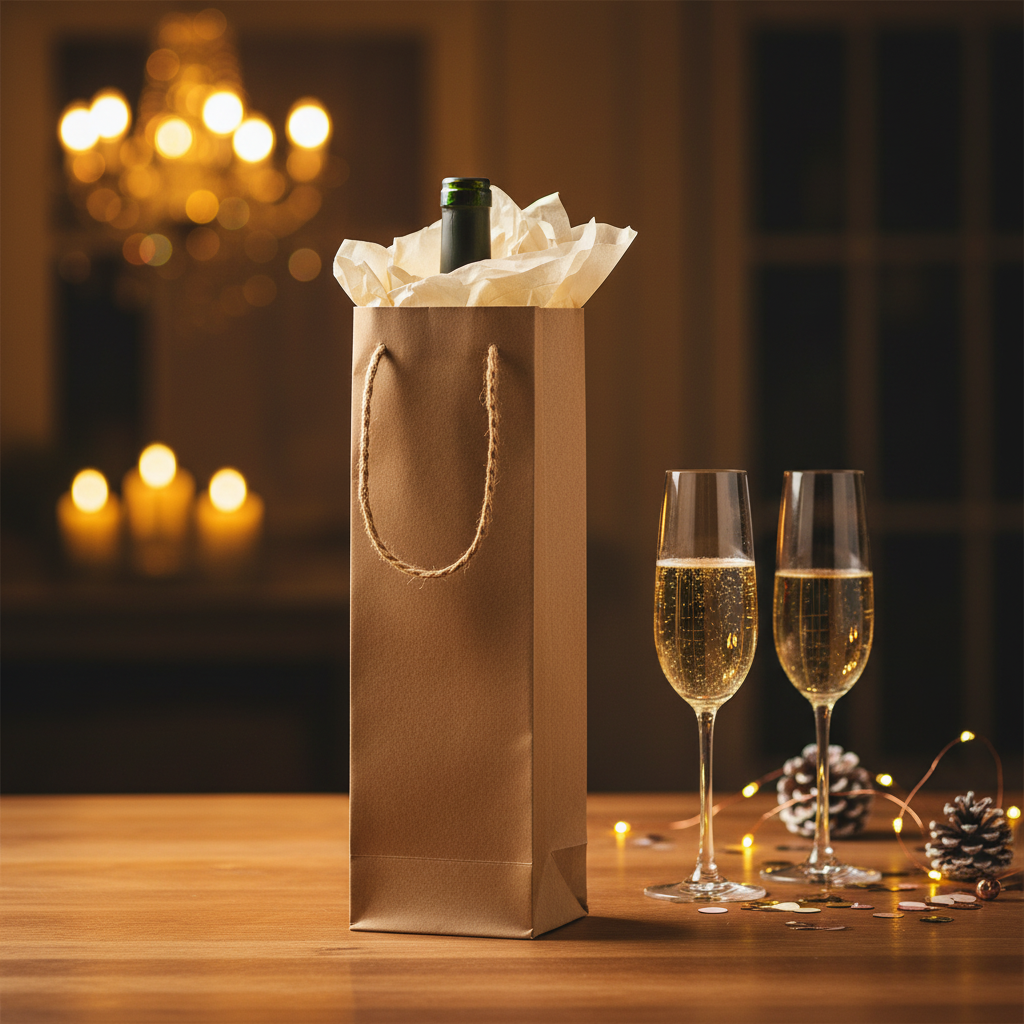 A brown paper gift bag with rope handles stands on a wooden table, filled with white tissue paper and a dark bottle. Two champagne flutes filled with bubbly champagne, pinecones, and warm string lights sit beside it, with a softly blurred indoor background and glowing candles.