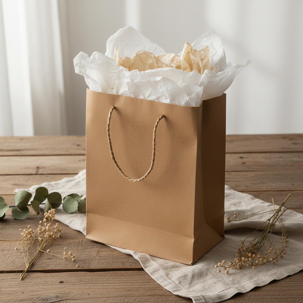 A brown kraft paper gift bag with twisted rope handles, filled with white tissue paper, set on a rustic wooden table with a beige cloth and dried floral accents.