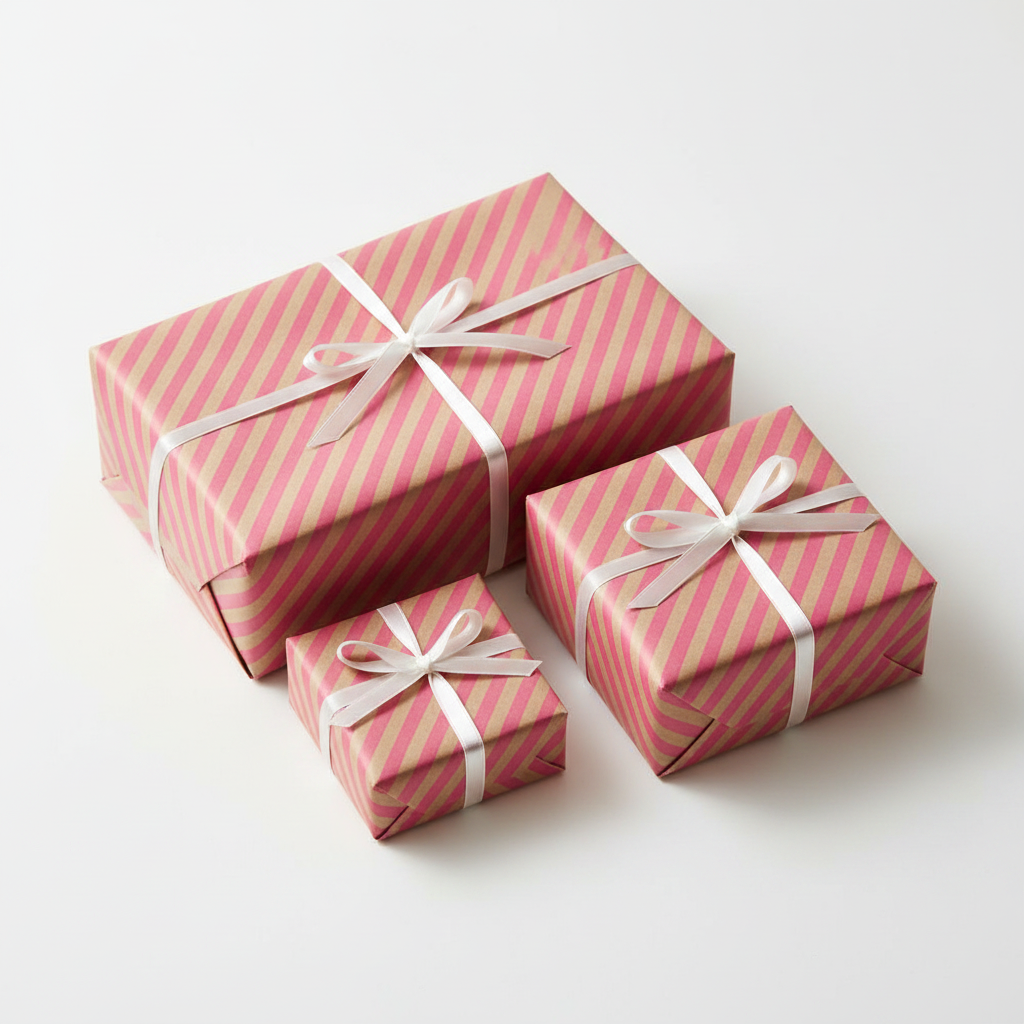 Three wrapped gift boxes in different sizes, all covered in pink and white diagonal striped paper and tied with white satin ribbons, arranged on a light gray background.