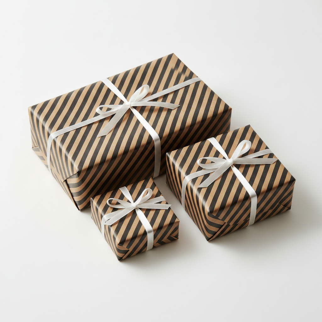 Three gift boxes wrapped in brown and beige diagonal striped paper, tied with white satin ribbons, arranged on a light gray background.