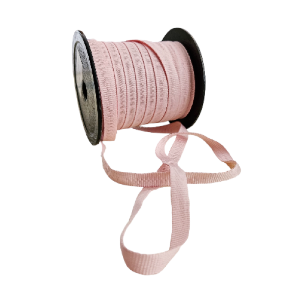 A spool of light pink Petersham ribbon, 10mm in width, with a portion unrolled to show texture and colour.