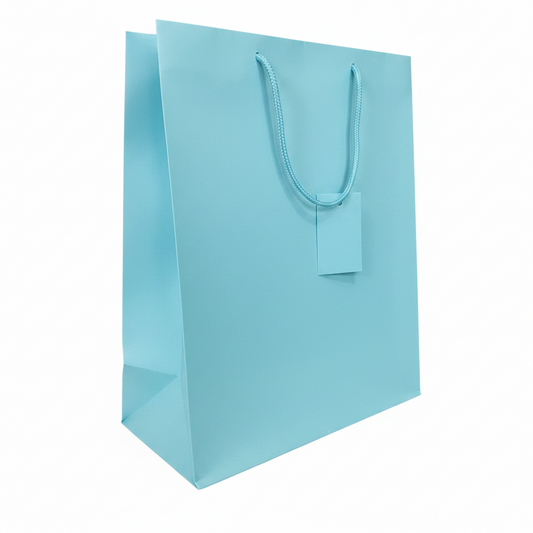 A light blue paper gift bag with matching blue rope handles and a blank square tag, shown on a plain white background.