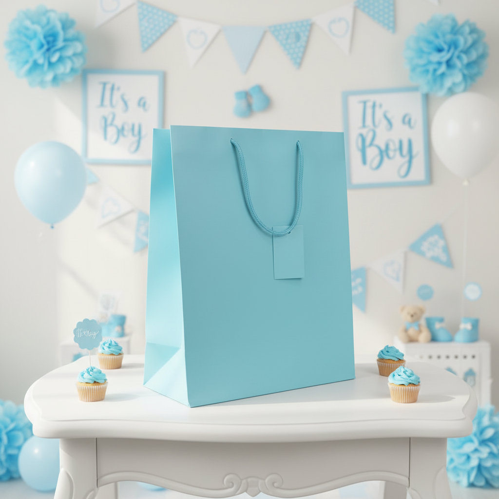 A light blue paper gift bag with rope handles sits on a white table in a decorated baby shower setting with blue balloons, paper flowers, bunting, cupcakes, and signs that read 'It's a Boy'.