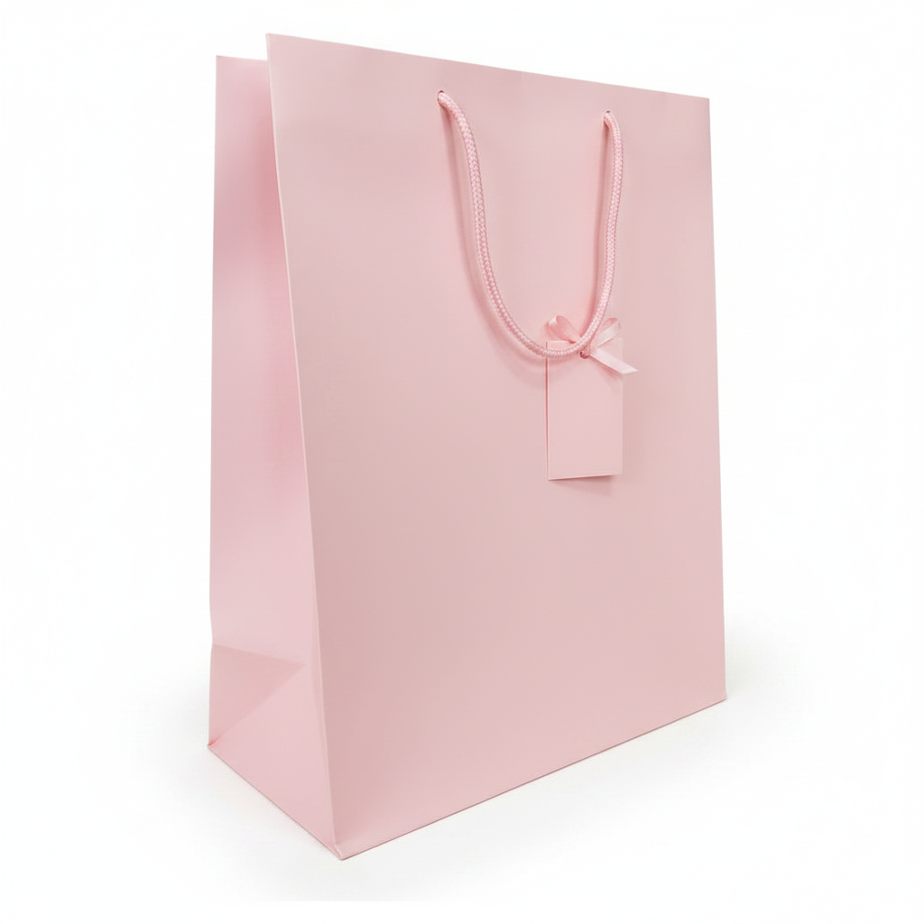 A light pink paper shopping bag with matching pink rope handles and a blank tag, shown on a clean white background.