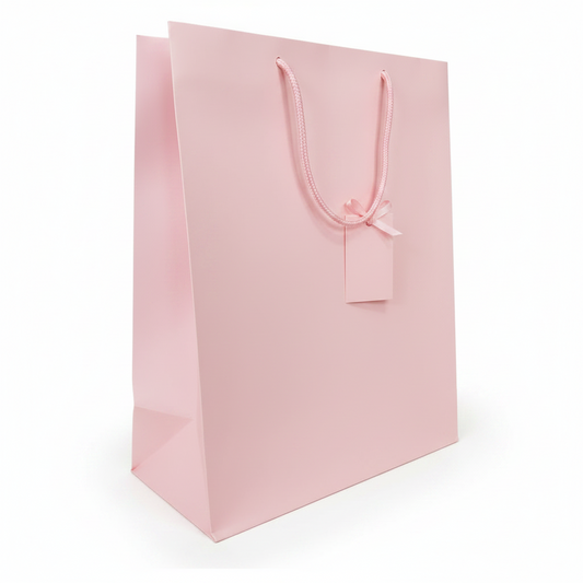 A light pink paper shopping bag with matching pink rope handles and a blank tag, shown on a clean white background.