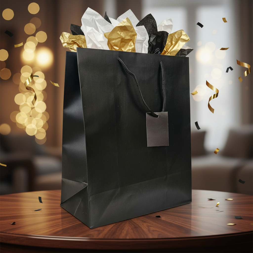 A matte black paper gift bag with black rope handles and a blank black tag, filled with white, black, and metallic gold tissue paper, sitting on a wooden table with festive gold bokeh lights and confetti in the background.
