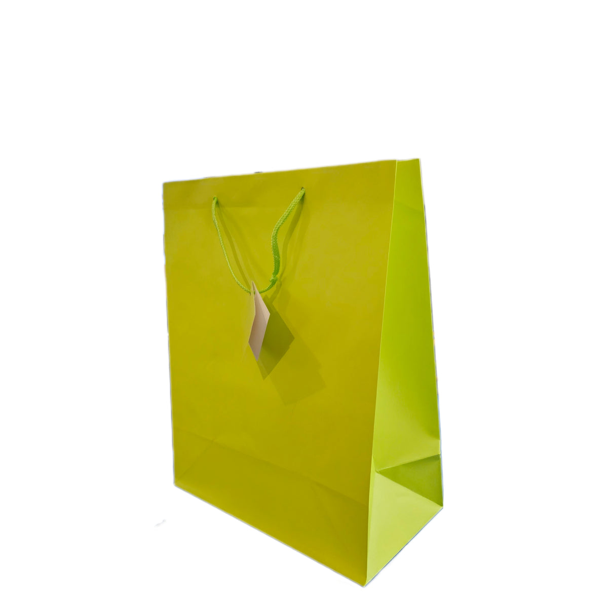 A bright lime green paper shopping bag with matching green rope handles and a blank hangtag, shown on a plain white background.