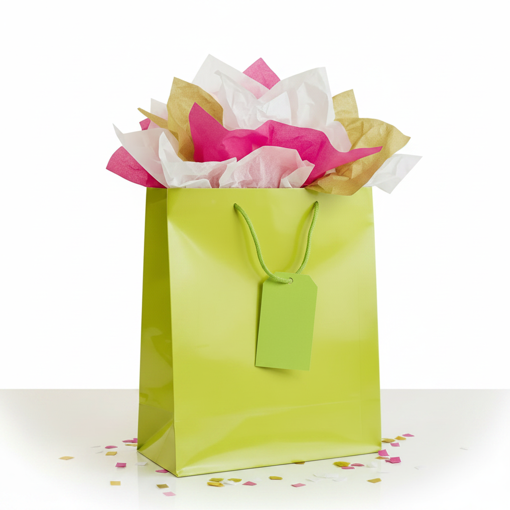 A bright lime green paper gift bag with green handles and a blank green tag, filled with pink, white, and gold tissue paper, set against a clean white background with scattered confetti.