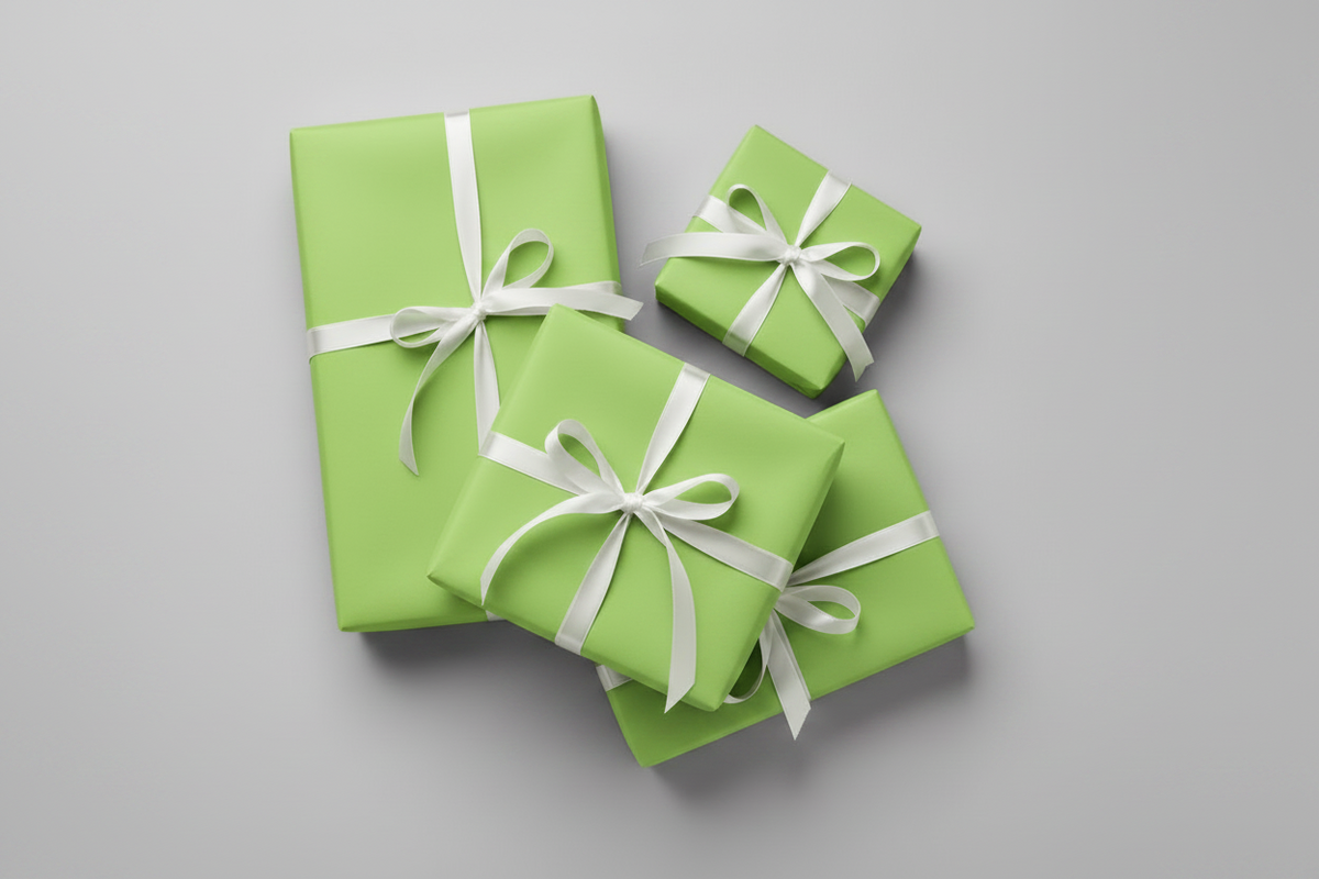 Four wrapped gift boxes in light green wrapping paper, tied with white ribbons, arranged on a smooth light gray surface.