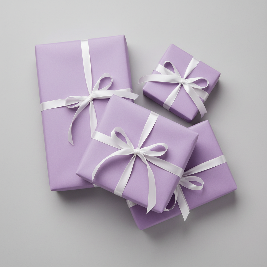 A close-up view of a section of lilac-coloured wrapping paper, solid print and smooth texture.
