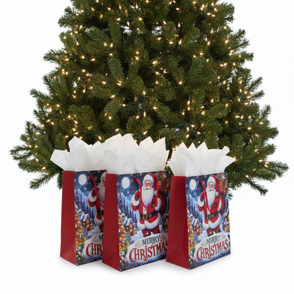Three red Christmas gift bags with Santa illustrations and white tissue paper, placed under the branches of a lit Christmas tree on a white background.