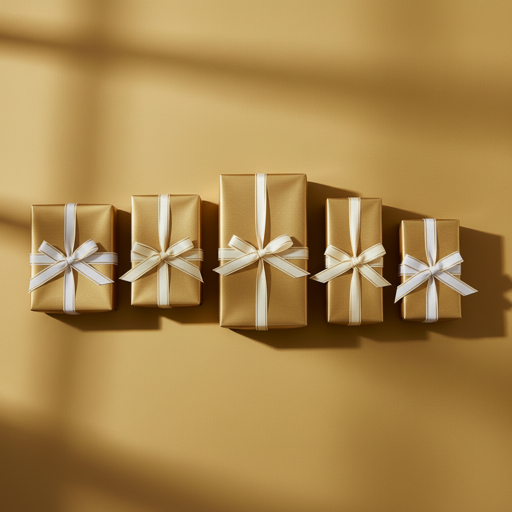 Five wrapped gift boxes in graduated sizes, wrapped in metallic gold paper with white ribbons tied in bows, arranged in a row against a warm gold background with soft diagonal shadows.