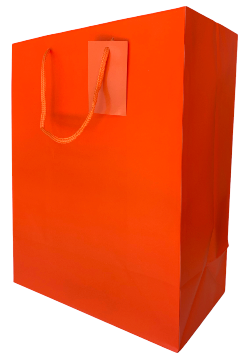 Orange paper bag with handles on a white background