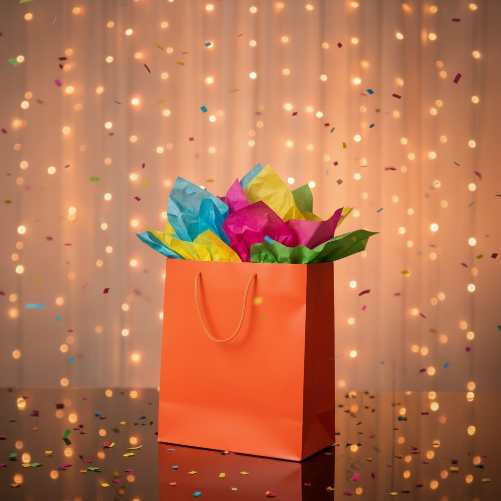 An orange paper gift bag filled with bright multicolored tissue paper, set on a reflective surface with falling confetti and warm string lights in the background.