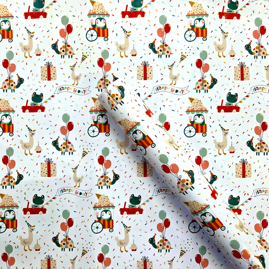 Decorative wrapping paper with festive animals and balloons on a white background