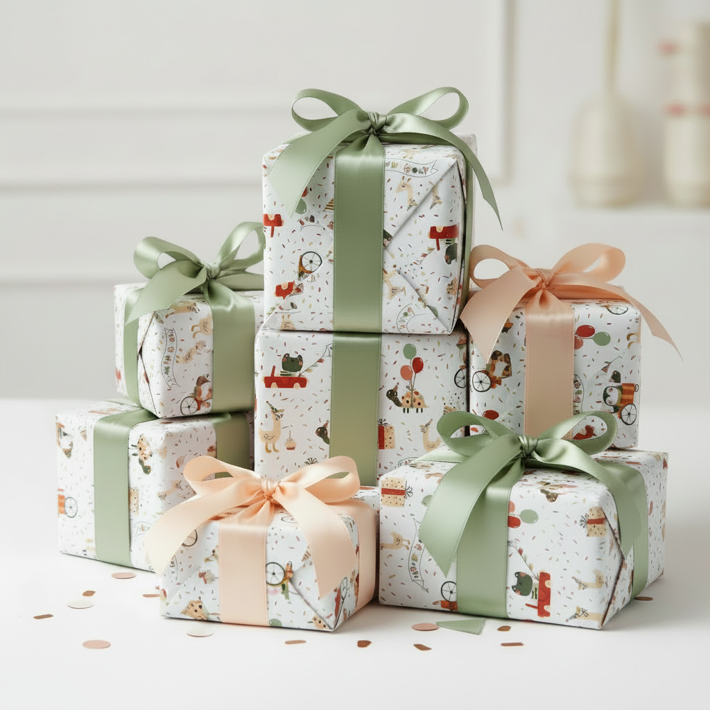 Gifts wrapped in wrapping paper with sage green and peach ribbon and bows. 