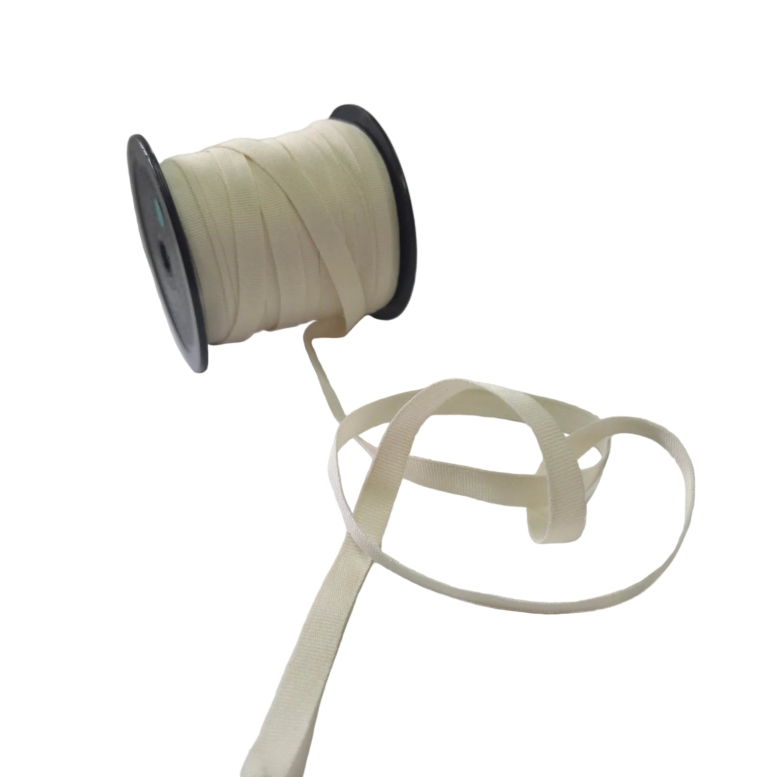 Spool of cream ribbon on a white surface