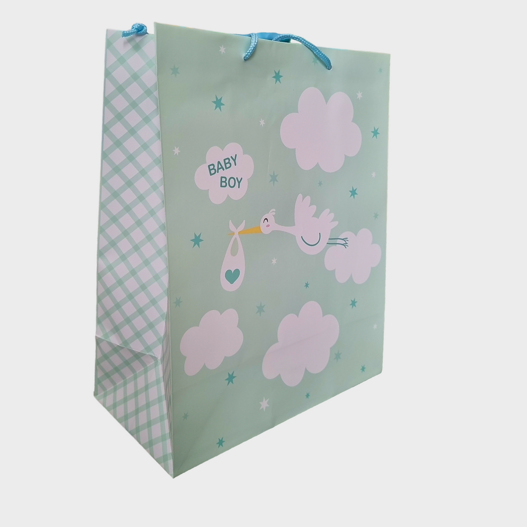 Light blue gift bag. Baby boy, stork carrying baby bundle. Size in mm is 327H x 264W x 136G