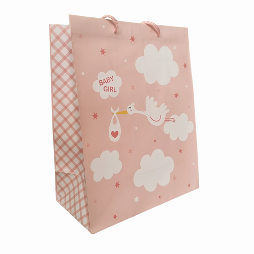 Light pink gift bag. Baby girl, stork carrying baby bundle. Size in mm is 327H x 264W x 136G