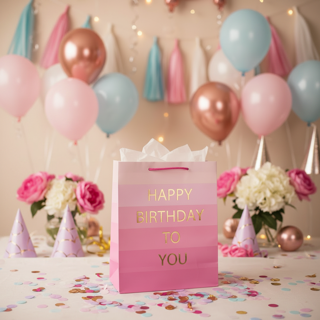 A pink striped gift bag with gold foil text reading 'HAPPY BIRTHDAY TO YOU' stands on a decorated birthday table with pastel balloons, tassel garlands, flowers, and confetti.