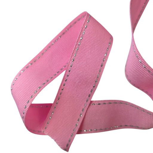 Petersham Pink with Silver Lurex Side Stitch 25mm (5 or 20 Meter Roll)