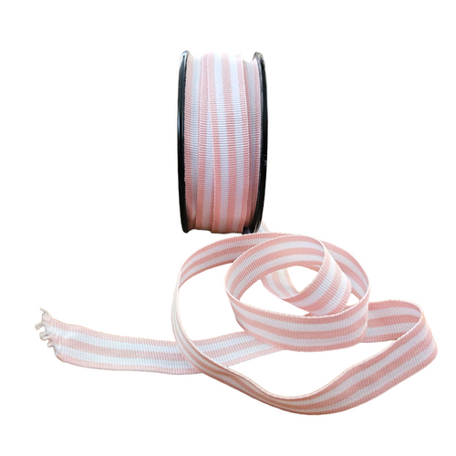 Petersham Ribbon, light pink with optical white stripes. 15mm in width.
