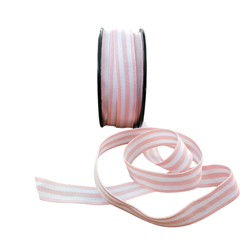 Light pink petersham ribbon with white optical stripes. 15mm wide.