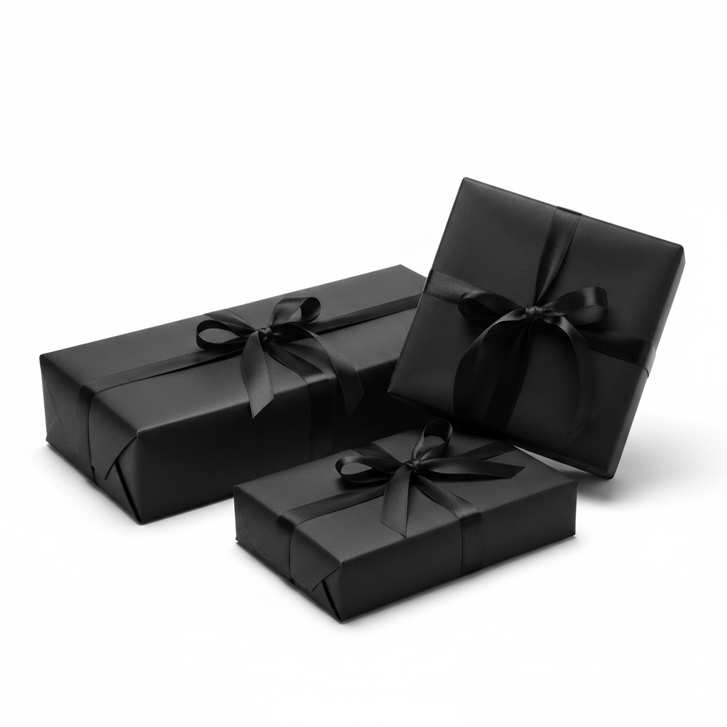 Three black gift boxes with ribbons on a white background