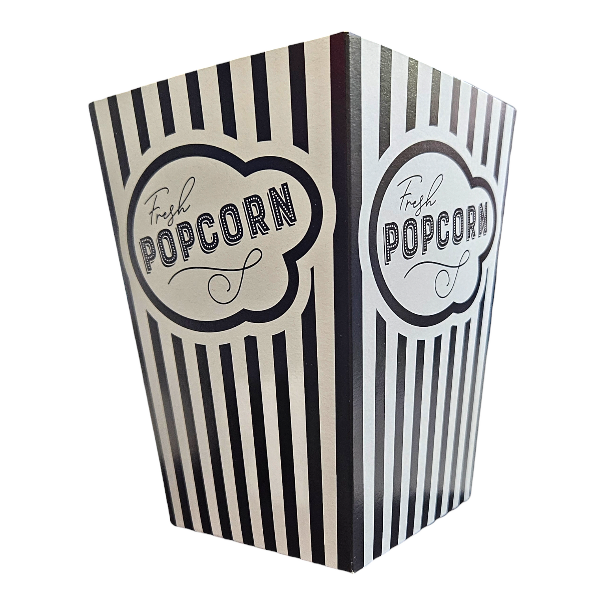 Black and white striped popcorn box with 'Fresh Popcorn' text in retro cinema style font, on a white background