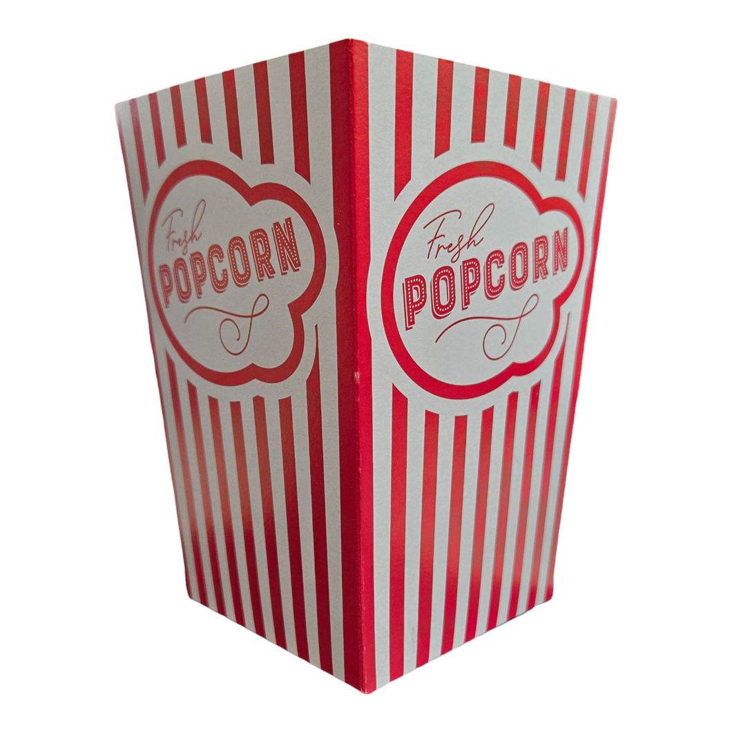 Red and white striped popcorn box with 'Fresh Popcorn' text in retro cinema style font, on a white background