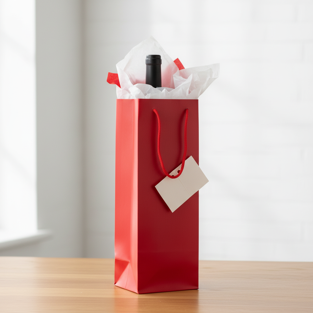 A red wine gift bag with red handles and a blank beige gift tag, holding a dark wine bottle wrapped in white tissue paper, set on a light wood table against a bright white background.